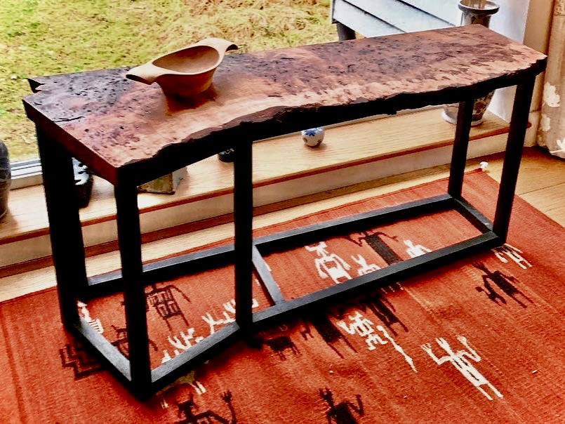 Bespoke burr Elm console table with handmade stained Scottish oak frame