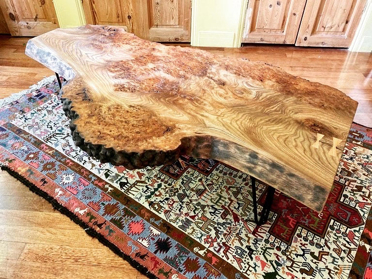 Commission 4. Handmade Scottish Burr Elm Coffee Table with Metal Hairpin Legs