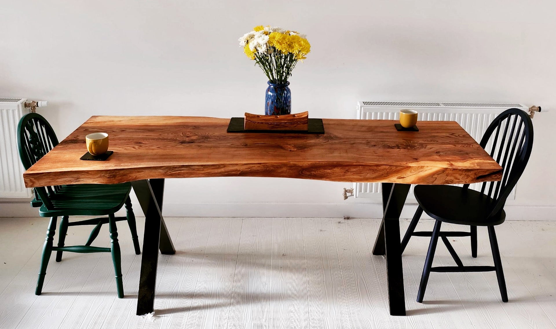 Commission 1. Handmade Live Edge Scottish Elm Dining Table with Metal X-frame legs
